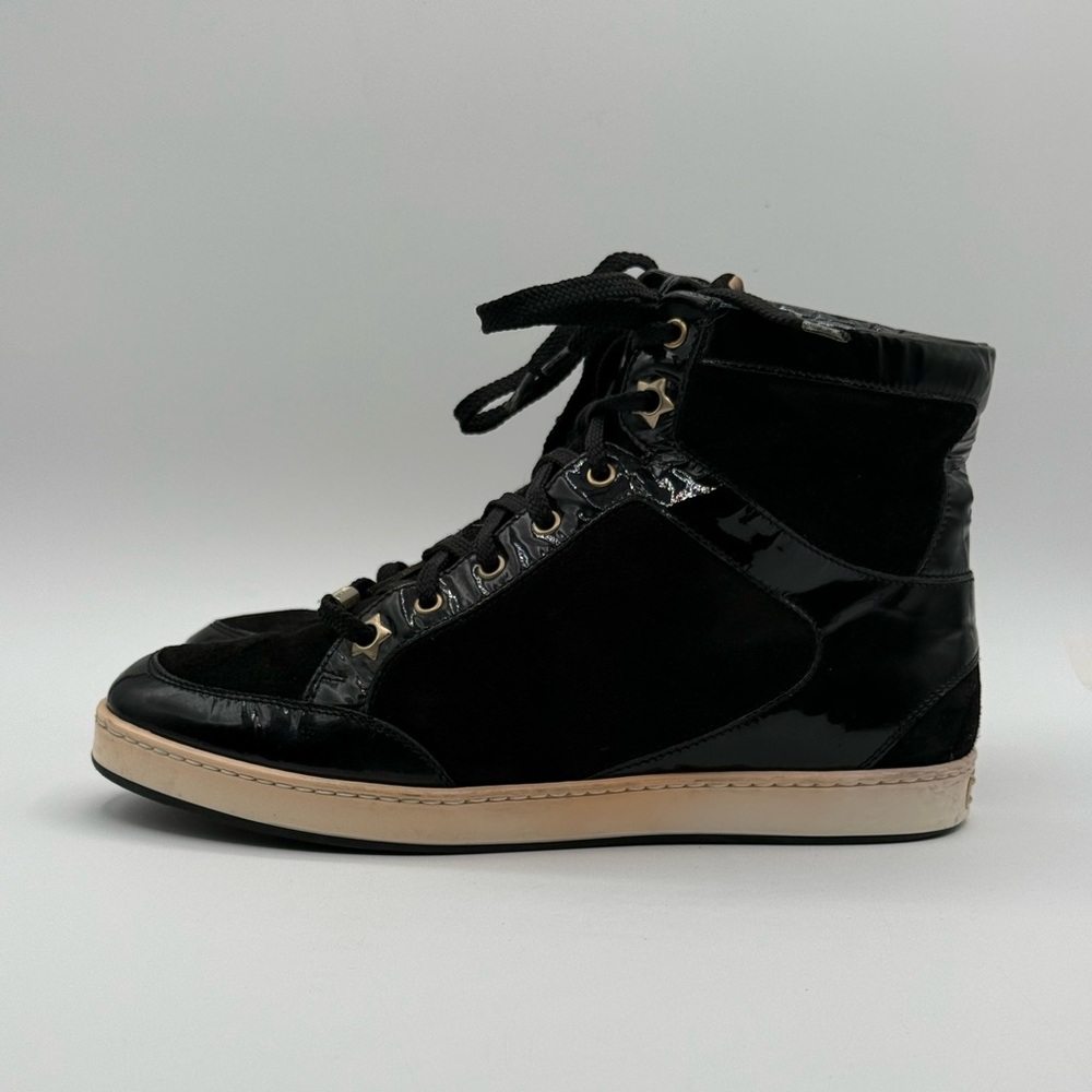 Jimmy Choo Black Suede & Patent Leather High-Top Sneakers Gold Eyelets Size 35.5 - Picture 8 of 16